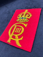 His Majesty The King’s Cypher CIIIR Gold Hand Embroidered Cypher Blazer Badge On Red Background