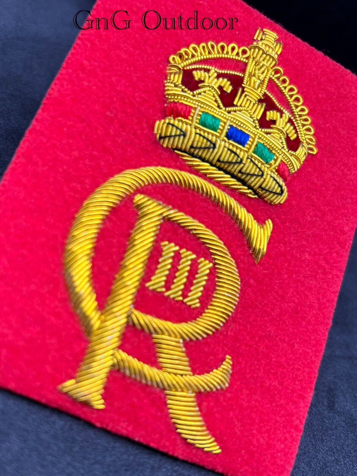 His Majesty The King’s Cypher CIIIR Gold Hand Embroidered Cypher Blazer Badge On Red Background