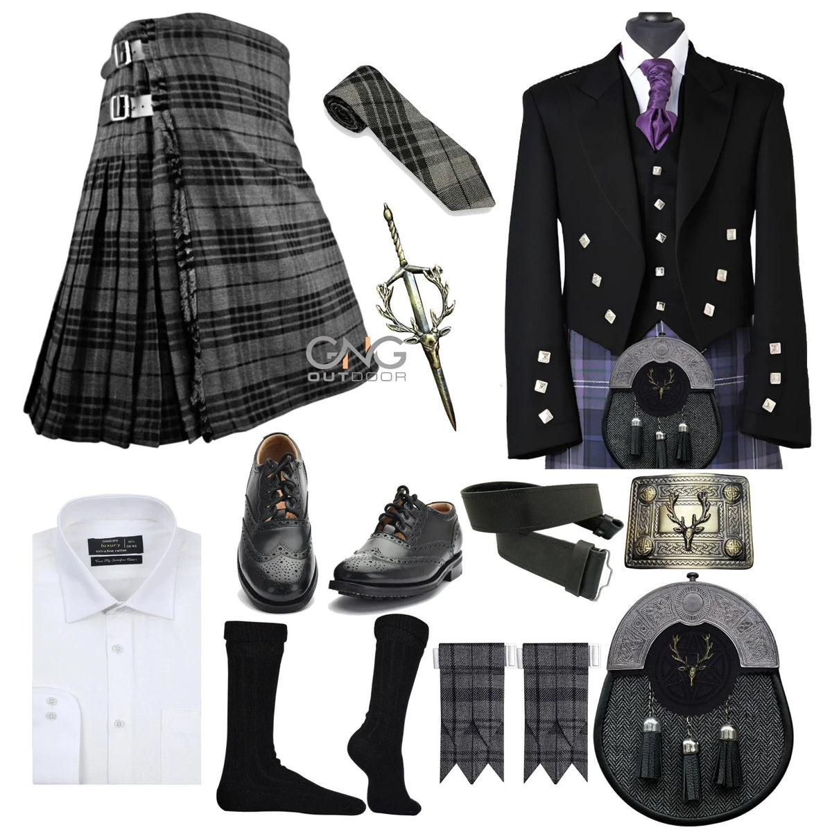 Men's 11 Pieces Prince Charlie Scottish Outfit  Traditional Highland Kilt Set
