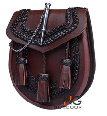 Handmade SPORRAN | Brown Leather | With Chain Strap | Embossed Sporran