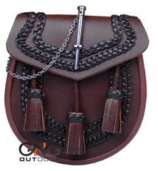 Handmade SPORRAN | Brown Leather | With Chain Strap | Embossed Sporran