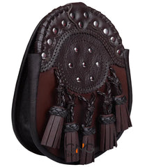 Men’s Scottish Brown Leather Kilt Sporran | Handmade 5 Tassel Sporran with Silver Studs, Belt & Chain