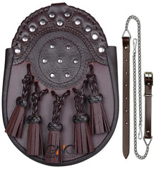 Men’s Scottish Brown Leather Kilt Sporran | Handmade 5 Tassel Sporran with Silver Studs, Belt & Chain