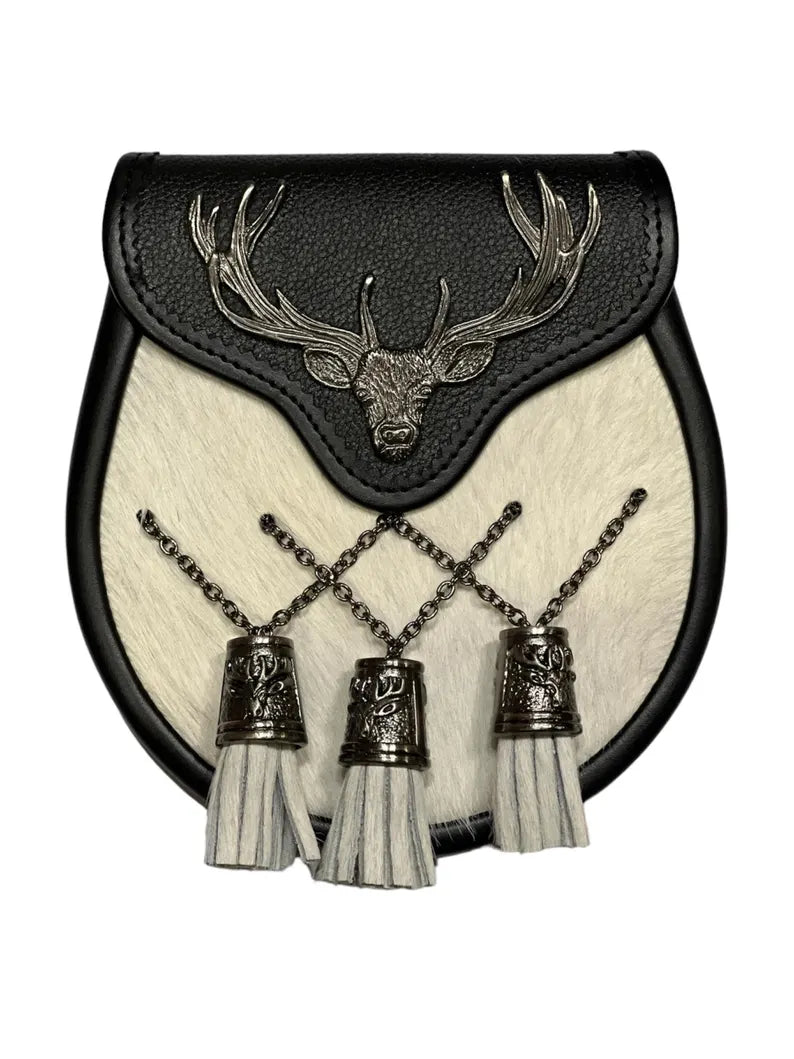 Men's Scottish White Leather Sporran Stag Head Design 3 Tassels With Chain Belt