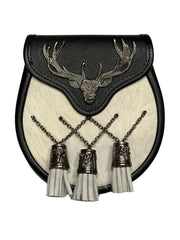 Men's Scottish White Leather Sporran Stag Head Design 3 Tassels With Chain Belt
