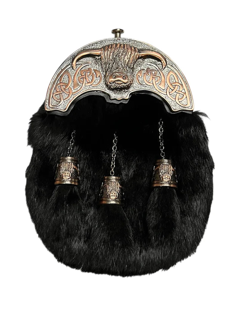 Men’s Scottish Traditional Black Fur Sporran | Highland Full Dress 3 Tassel Sporran with Chain Belt