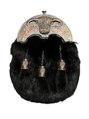 Men’s Scottish Traditional Black Fur Sporran | Highland Full Dress 3 Tassel Sporran with Chain Belt