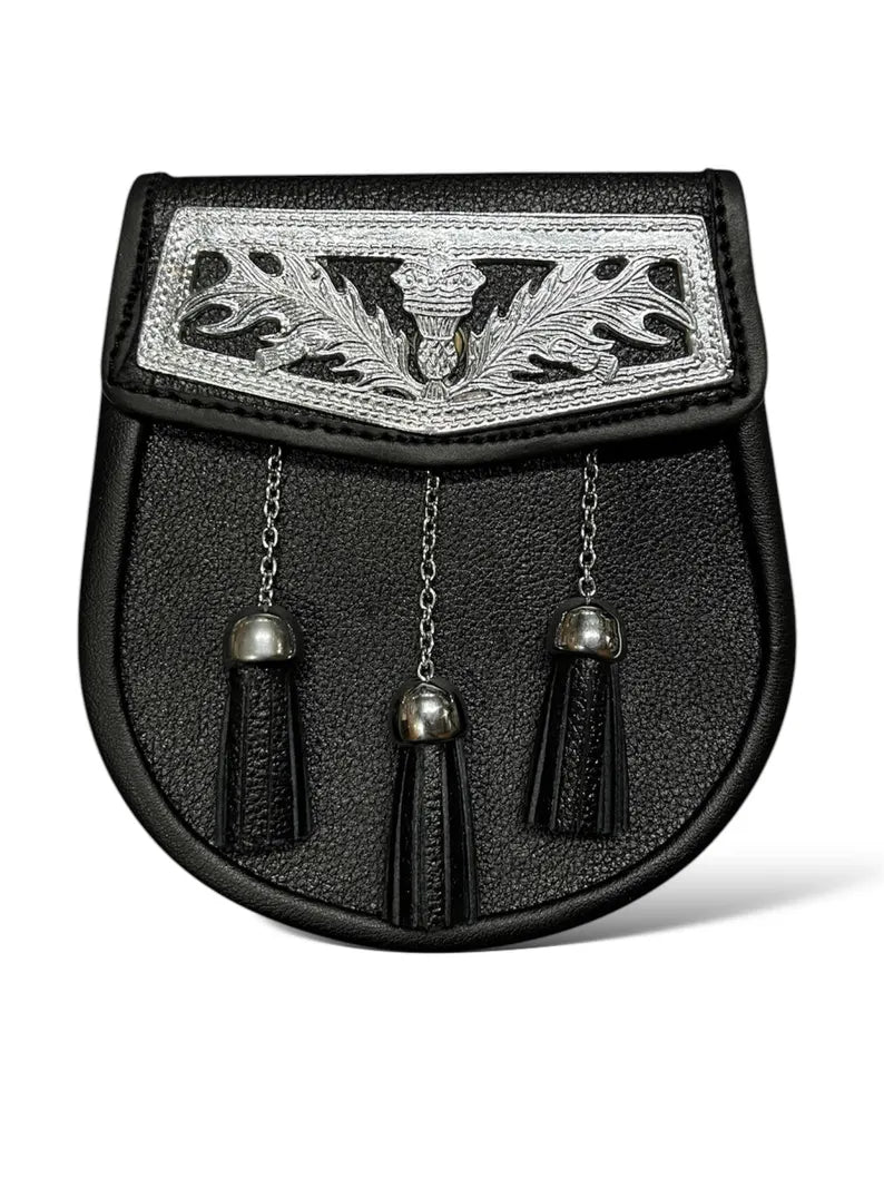 Men’s Scottish Black Leather Thistle Sporran | 3 Tassel Kilt Sporran