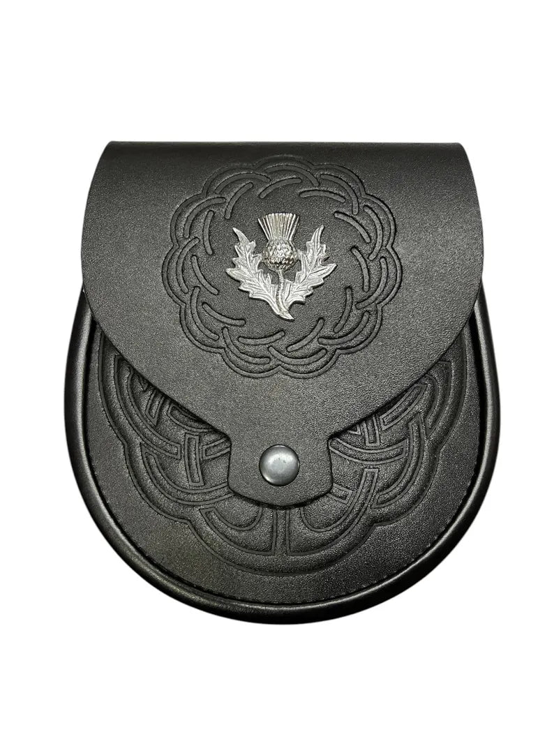 Men’s Scottish Black Leather Sporran | Celtic Embossed Design with Thistle Emblem & Chain Strap