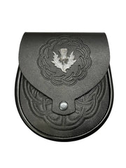 Men’s Scottish Black Leather Sporran | Celtic Embossed Design with Thistle Emblem & Chain Strap
