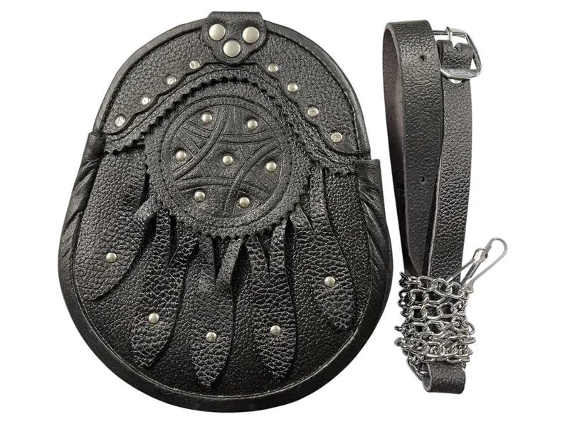 Men’s Scottish Black Leather Kilt Sporran | Celtic Embossed Design with Silver Studs & Chain Belt