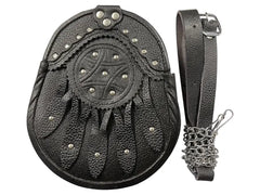 Men’s Scottish Black Leather Kilt Sporran | Celtic Embossed Design with Silver Studs & Chain Belt