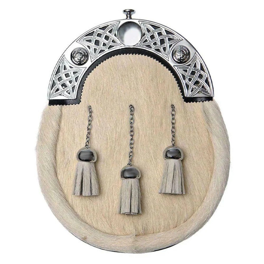 Scottish Men's White Sporran 3 Tassels Leather Sporran With Chain Strap