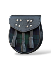 Men's Scottish Black Watch 3 Tassel Tartan Leather Sporran | With Chain Strap