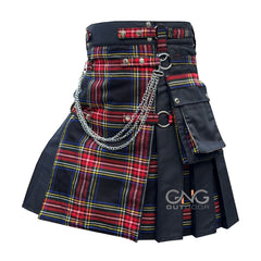 Men Scottish Gothic Kilt Black Stewart Tartan Front Apron Hybrid Utility Kilt