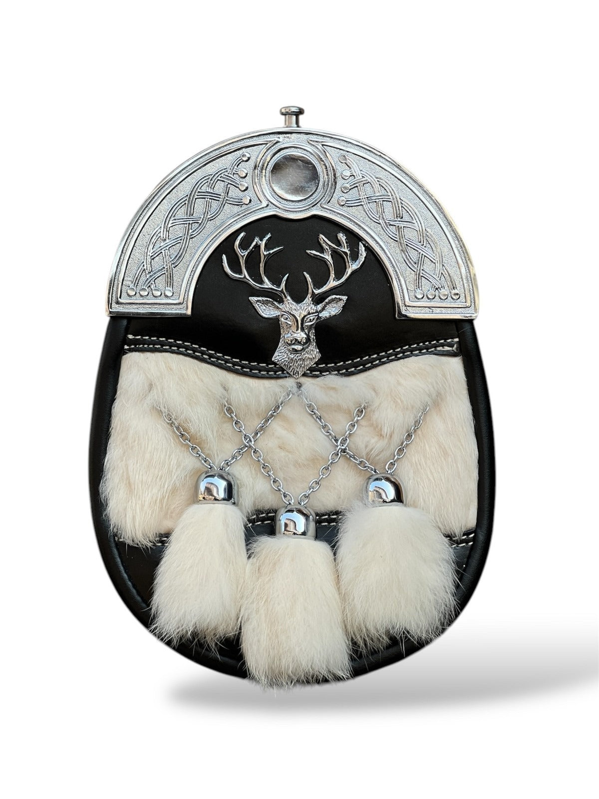 Scottish Men's Stage Head Badge Fur Sporran Leather Kilt Sporran with Chain