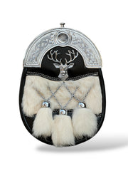 Scottish Men's Stage Head Badge Fur Sporran Leather Kilt Sporran with Chain
