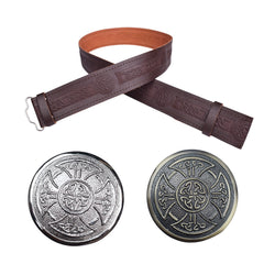 Men's Brown Celtic Embossed Leather Kilt Belt with Two Interchangeable Buckles – Scottish Highland Belt