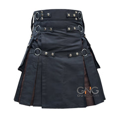 Men's Scottish Black Hybrid kilt Brown Pleat Modern Fashion Utility Kilt 28-62