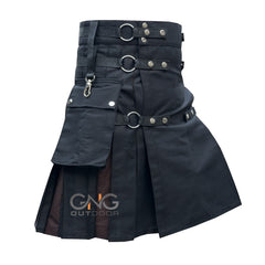 Men's Scottish Black Hybrid kilt Brown Pleat Modern Fashion Utility Kilt 28-62