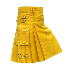 Men's Scottish Yellow Cotton Cargo Pockets Utility Kilt Sizes 28" to 62"
