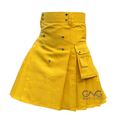 Men's Scottish Yellow Cotton Cargo Pockets Utility Kilt Sizes 28" to 62"
