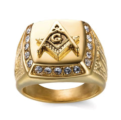 Masonic Square & Compass Gold Plated G Symbol Ring Freemason Men’s Gold Tone Rhinestone Signet Ring