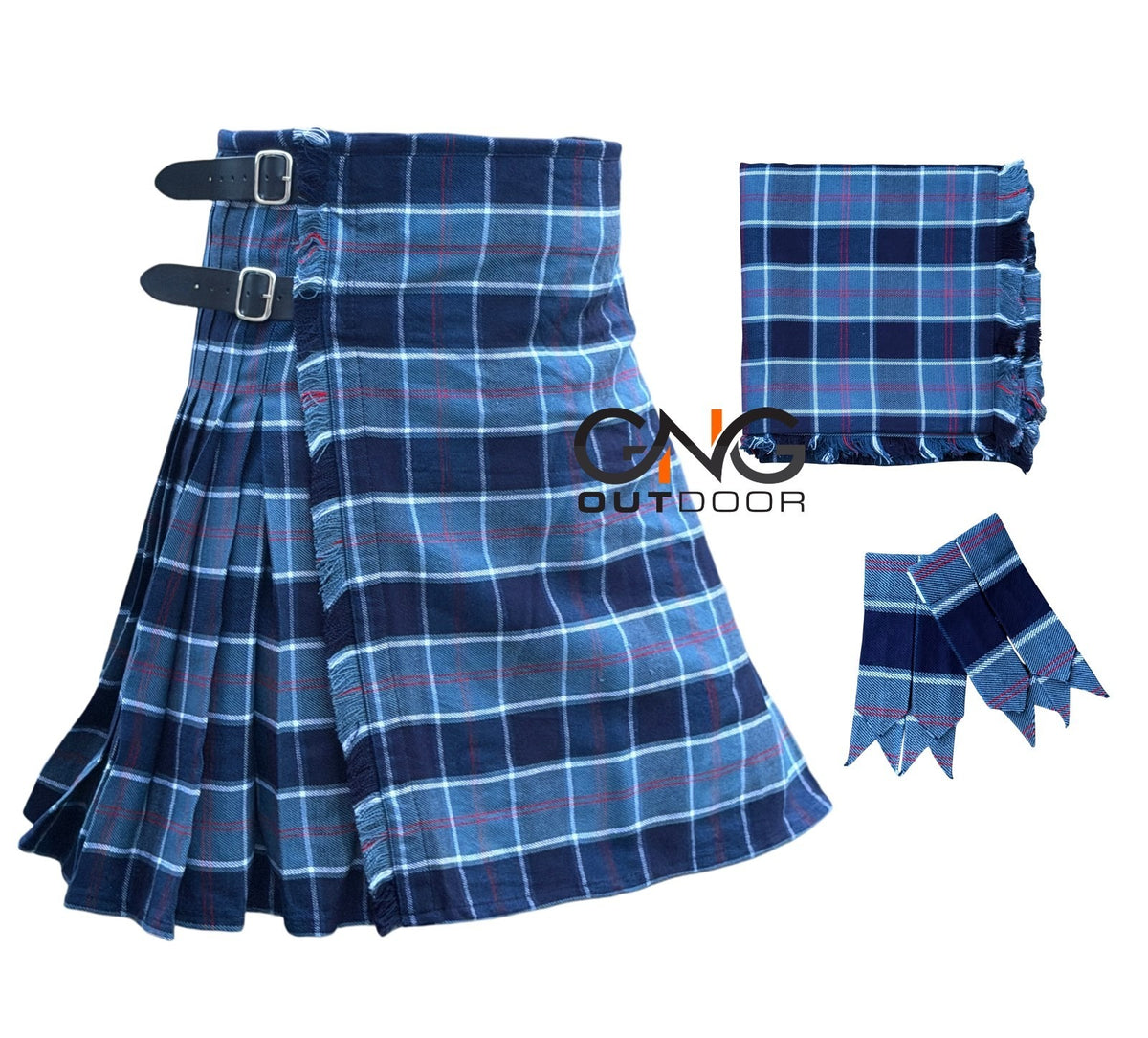 Scottish US Navy Tartan 8 Yard Kilt for Men with Matching Flashes and Fly Plaid
