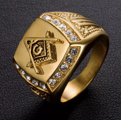 Masonic Square & Compass Gold Plated G Symbol Ring Freemason Men’s Gold Tone Rhinestone Signet Ring