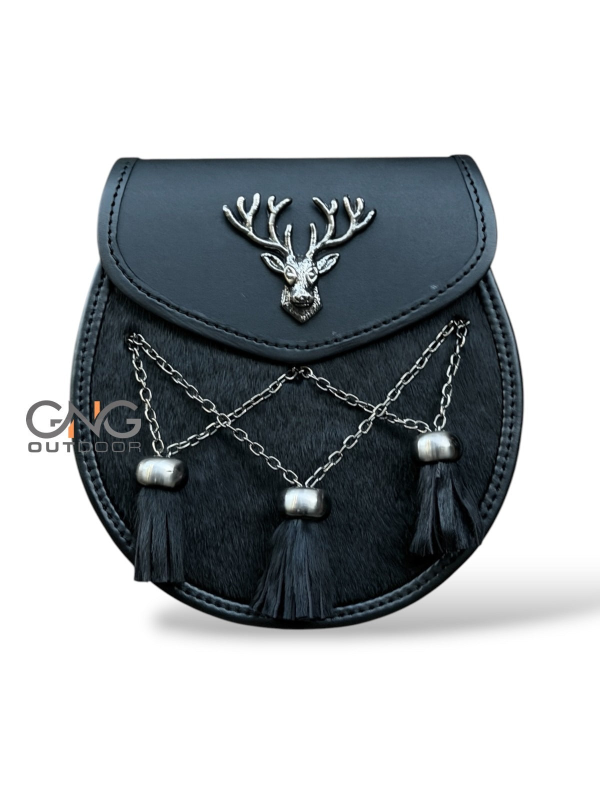 Men's Stag Head Design Black Leather Kilt Sporran 3 Cross Tassel With Belt Chain