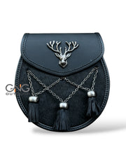 Men's Stag Head Design Black Leather Kilt Sporran 3 Cross Tassel With Belt Chain