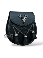 Men's Stag Head Design Black Leather Kilt Sporran 3 Cross Tassel With Belt Chain