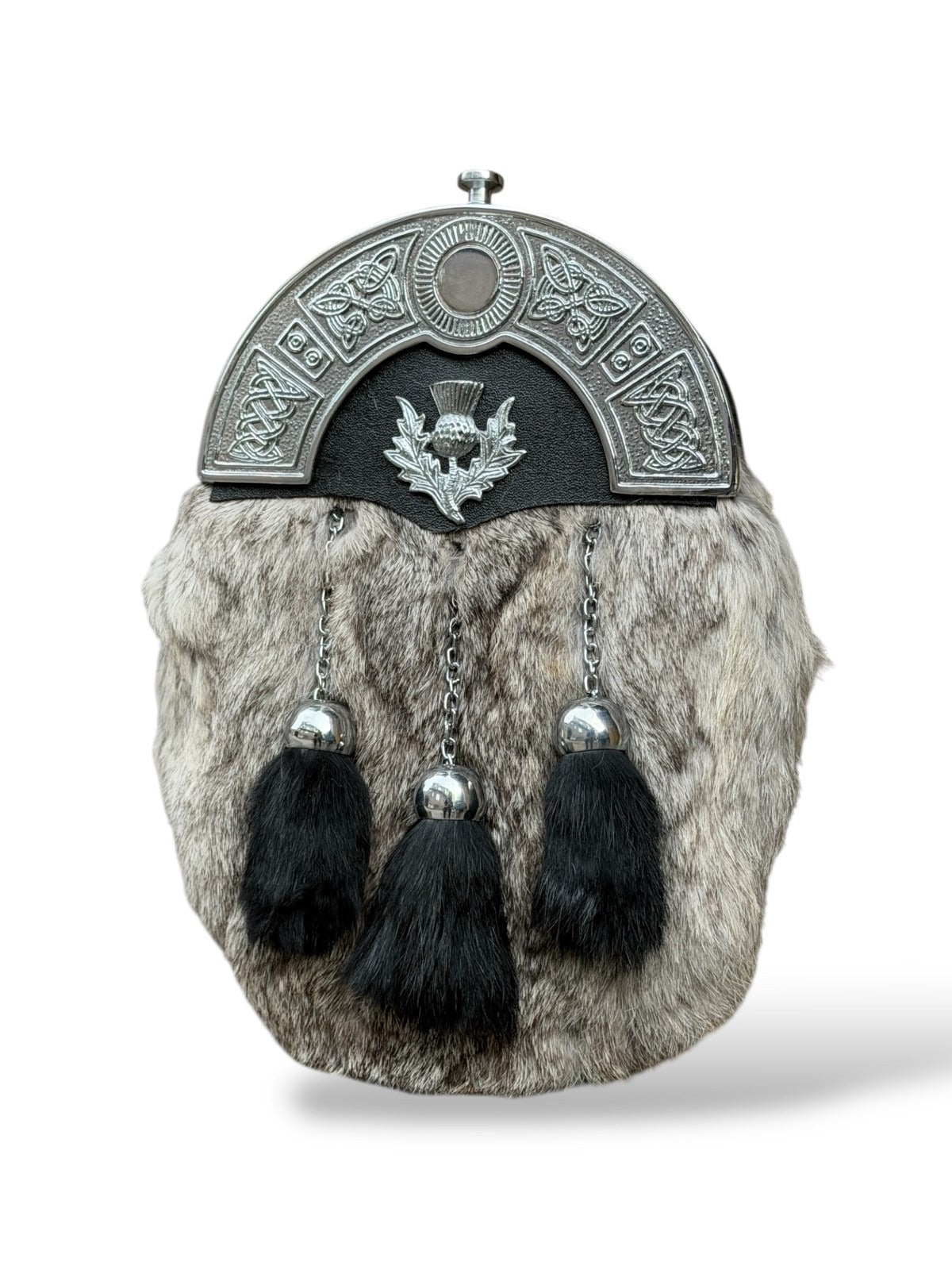 Scottish Men's Thistle fur Sporran 3 Black Fur Tassels With Chain Strap