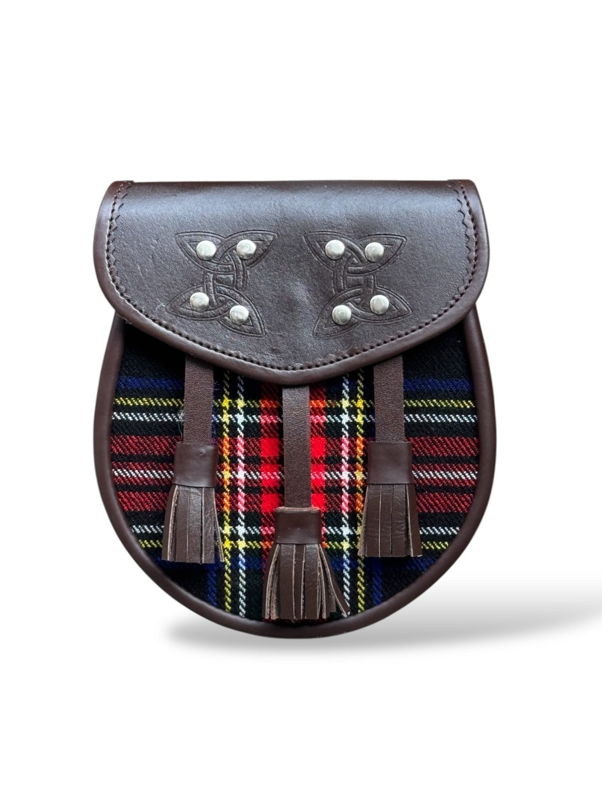 Men's Black Stewart Tartan  Brown Leather Sporran with 3 Tassel