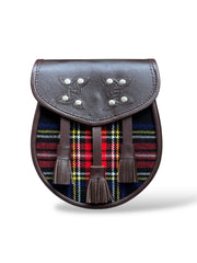 Men's Black Stewart Tartan  Brown Leather Sporran with 3 Tassel
