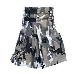 Men Grey Camo Leatherstrap kilt Camouflage Cargo Pocket Kilt Size 28 to 60" inch