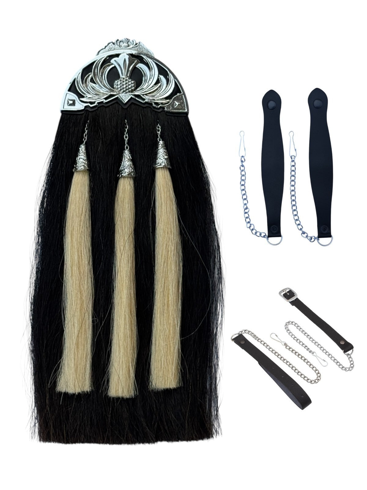 Men's Black Horsehair Kilt Sporran | Silver Thistle Cantle & 3 White Tassels
