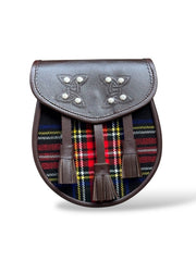 Men's Black Stewart Tartan  Brown Leather Sporran with 3 Tassel