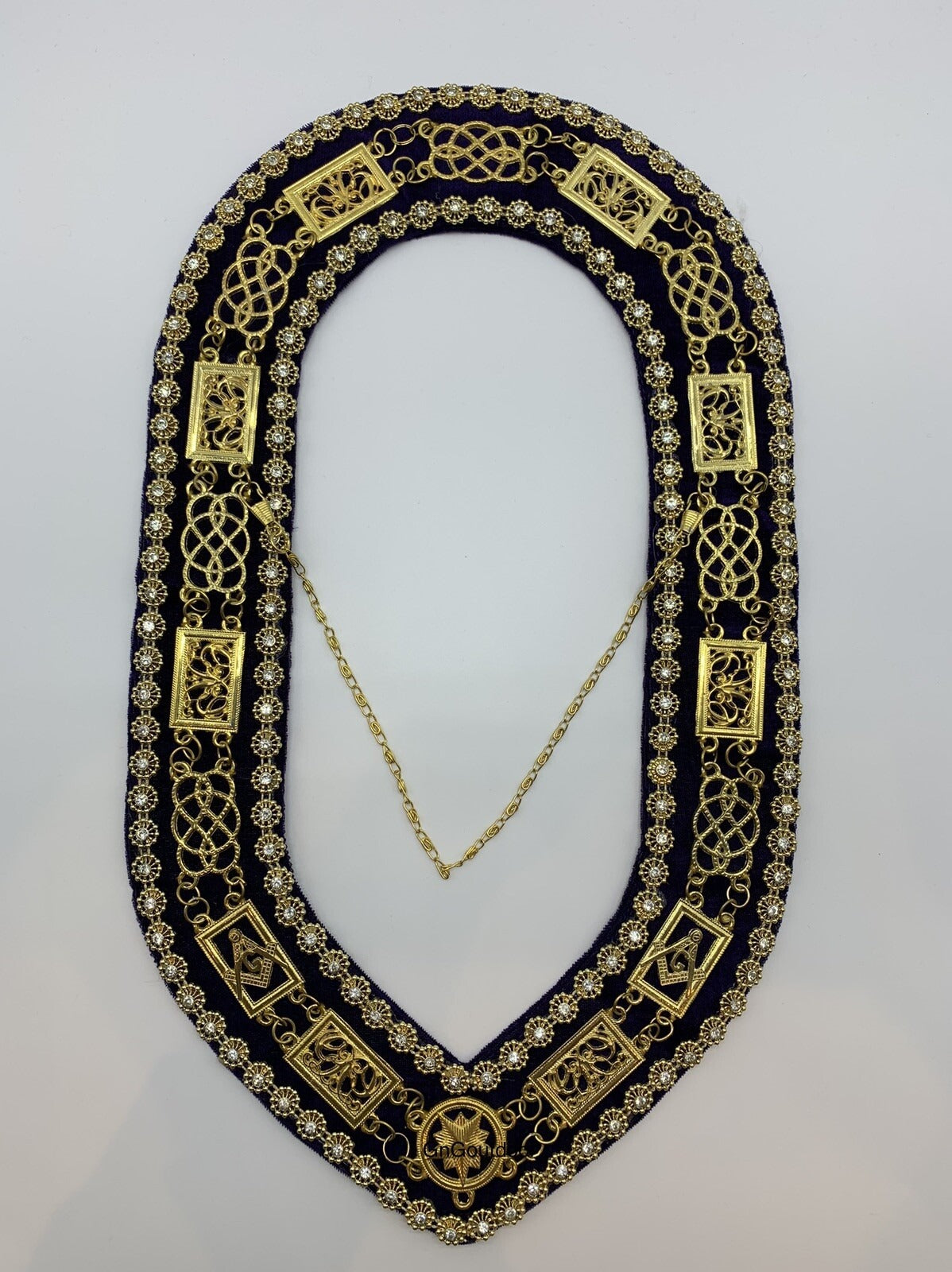 Masonic Grand Lodge Master Mason Gold Chain Collar on Blue Velvet with Beaded Trim