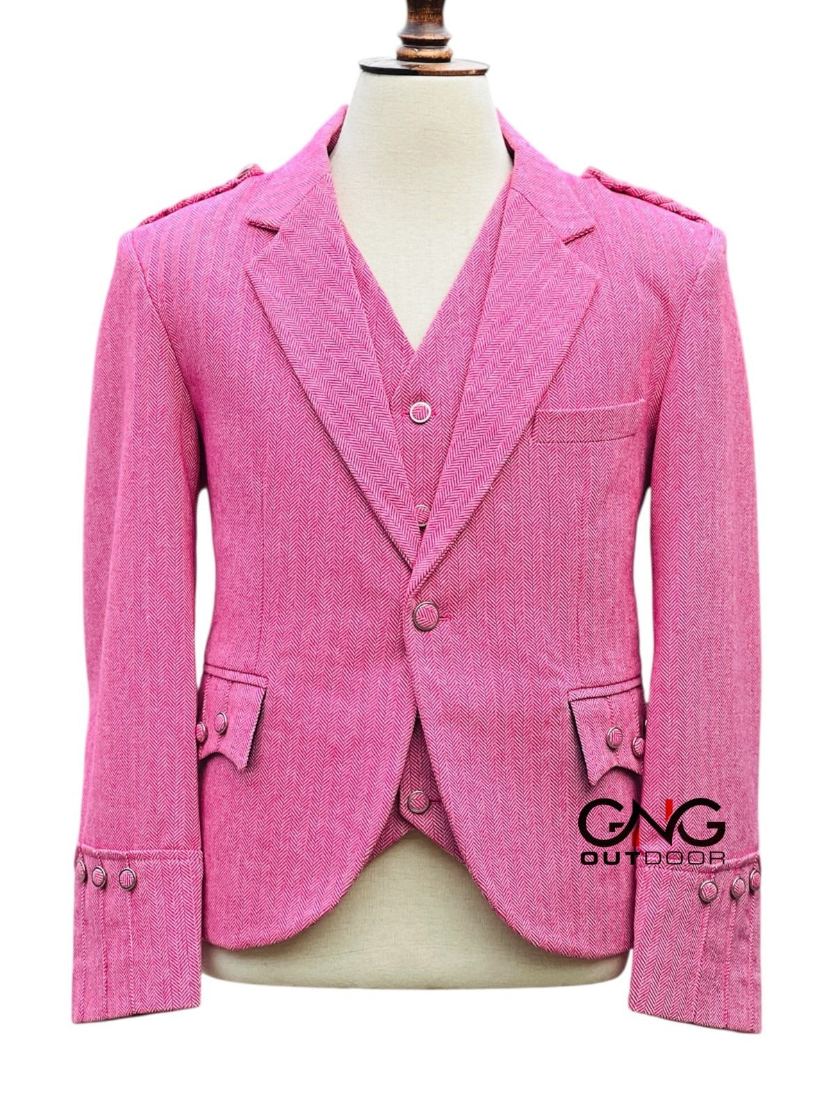 Men's Scottish Pink Tweed Argyle Style Jacket with 5 Button Vest Size 34' to 54"