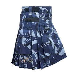 Men Blue Camo Leatherstrap kilt Camouflage Cargo Pocket Kilt Size 28 to 60" inch