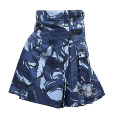 Men Blue Camo Leatherstrap kilt Camouflage Cargo Pocket Kilt Size 28 to 60" inch