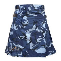 Men Blue Camo Leatherstrap kilt Camouflage Cargo Pocket Kilt Size 28 to 60" inch