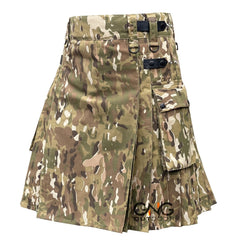 Men's Multicam Camo Utility Kilt – Scottish Tactical Cotton Modern Kilt with Leather Straps
