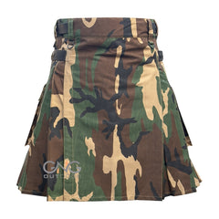 Scottish Camo Leatherstrap kilt Camouflage Cargo Pocket Kilt Size 28 to 60" inch