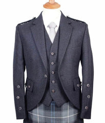 Men's Scottish Charcoal Grey Tweed Argyll Jacket & Waistcoat with Tartan Kilt Wedding Outfit