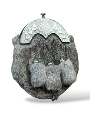 Men’s Scottish Grey Fur Sporran | Thistle Plate 3 Tassel Kilt Sporran with Chrome Finish & Chain Belt