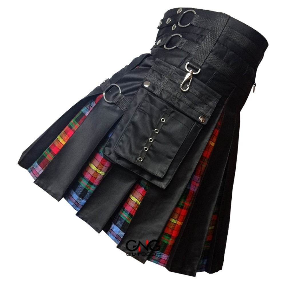 Men's Black Hybrid Utility Kilt – Scottish Modern Fashion Kilt with Tartan Pleats & Cargo Pocket