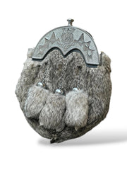 Men’s Scottish Grey Fur Sporran | Thistle Plate 3 Tassel Kilt Sporran with Chrome Finish & Chain Belt