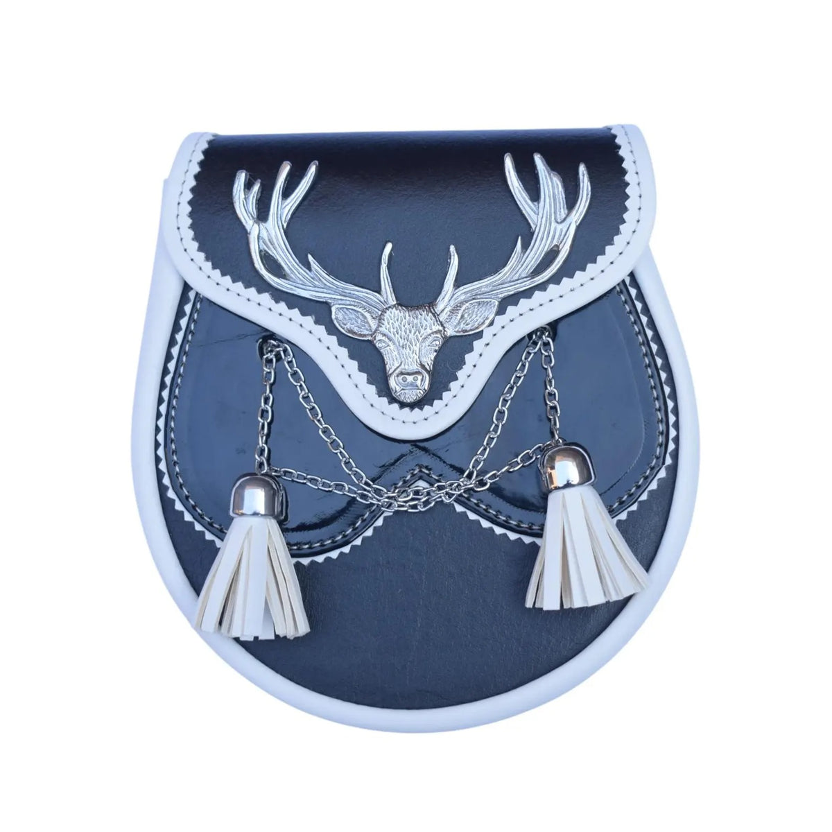 Scottish Deer Head Sporran | Black & White Leather Kilt Sporran | 2 Tassels | Chain Belt